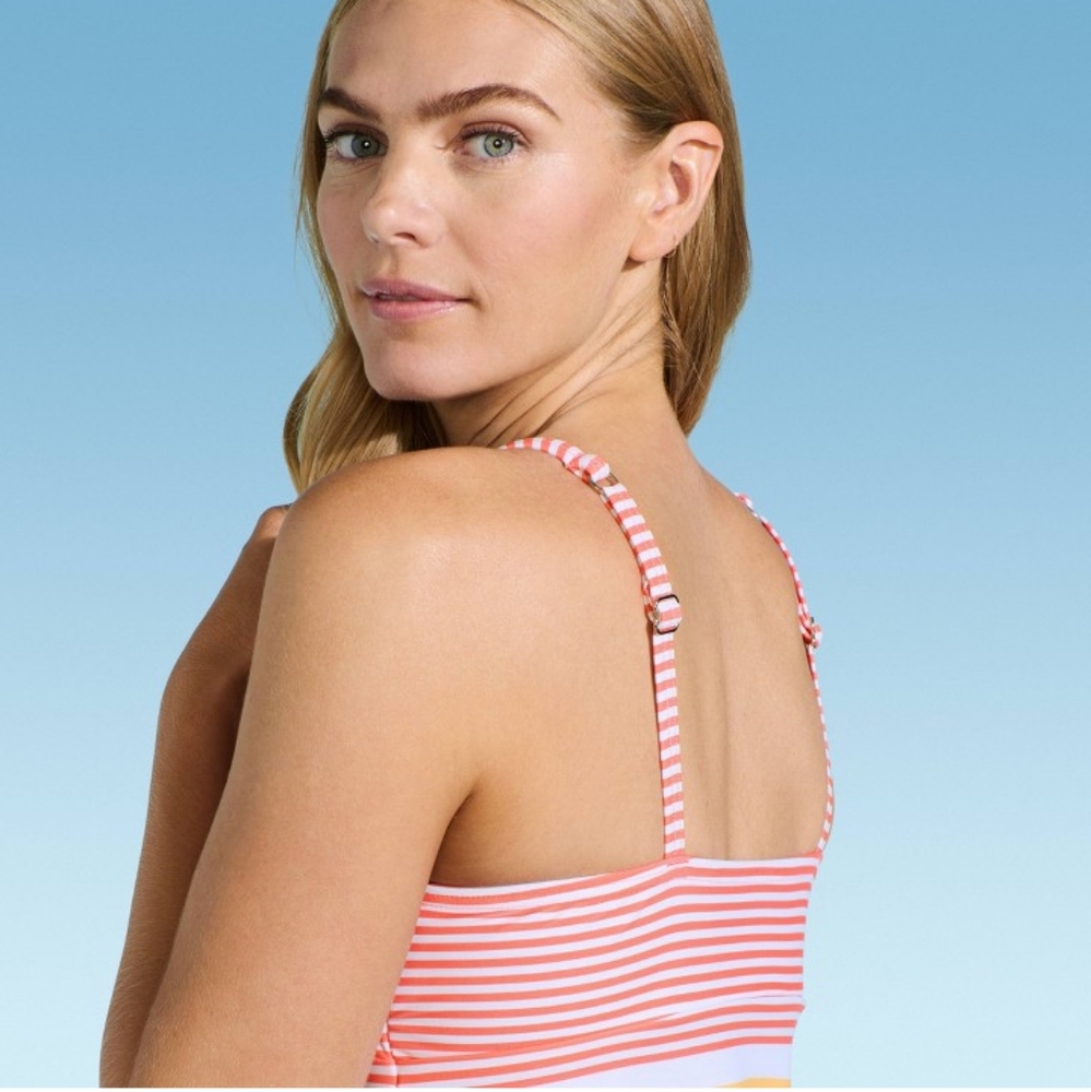 Lands' End Orange Coral Pink Striped- White Tankini Top.